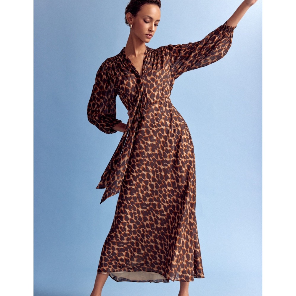 Boden Brooke Tie Neck Tea Dress Leopard Print Maxi Dress Brown 12R New With Tags - Picture 4 of 11
